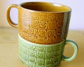 Vintage MidCentury Pair of Ceramic Green and Brown Primitive Symbols Pattern 1970s Mod Soup Bowls or Mugs from Japan.