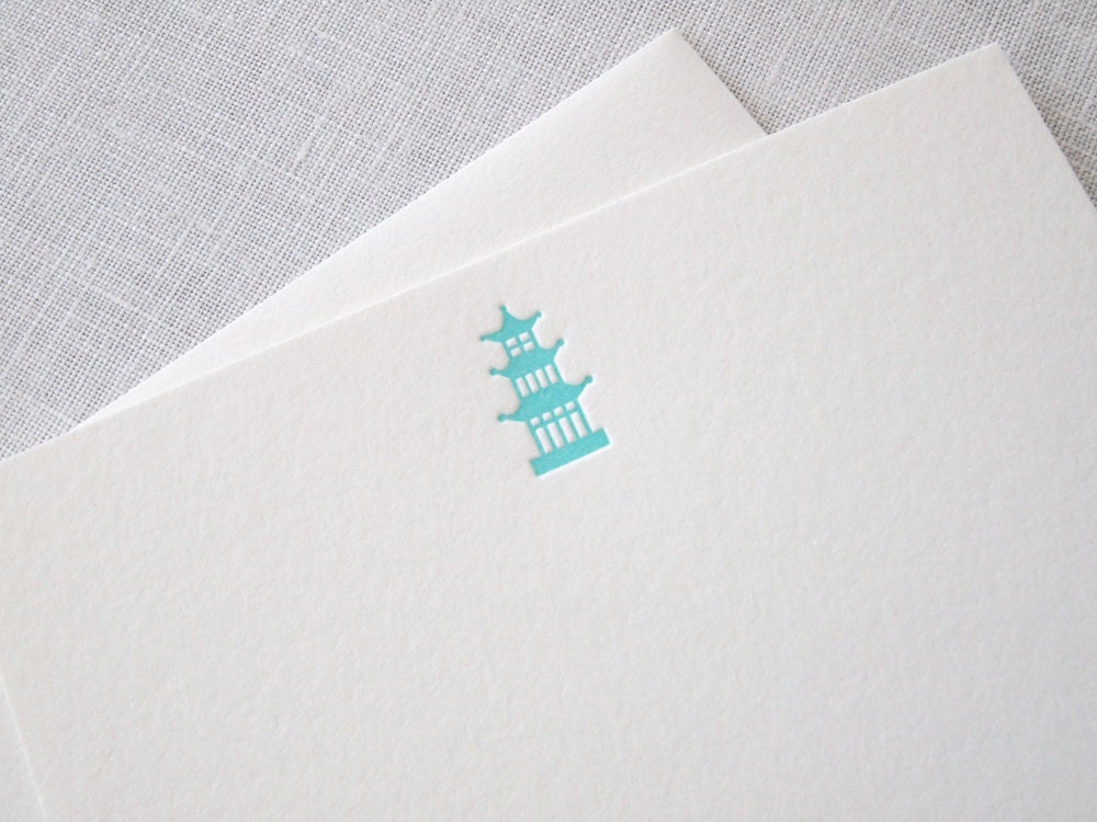 Aqua Pagoda Letterpress Stationery - Set of 6 Flat Notes