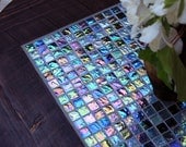 Circular Coffee Table, Tile Mosaic, Reclaimed Wood, Rustic Contemporary, "Oceans on Fire", Dark Brown Waxed Finish - Handmade