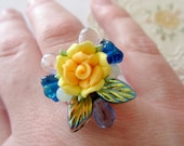 Bouquet Beaded Baroque Adjustable Ring - Yellow Rose and Green Blue Flowers and Leaves