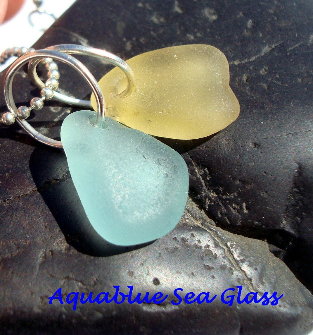 F 2  Drilled Sea Glass Large Charms   From Puerto Rico  Rare Aqua,and  Pale Yellow  (125)