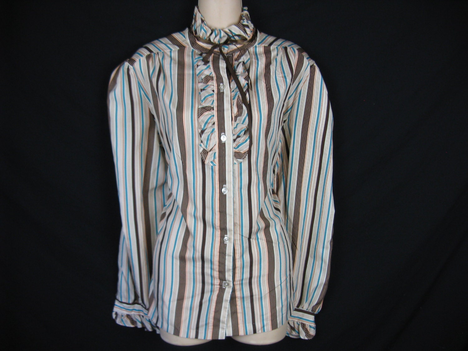 brown and aqua striped blouse. 1970's frill neck / tuxedo ruffle secretary. XL.