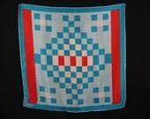 VERA turquoise geo scarf.  silk / rayon red, aqua and white geometric print square.
