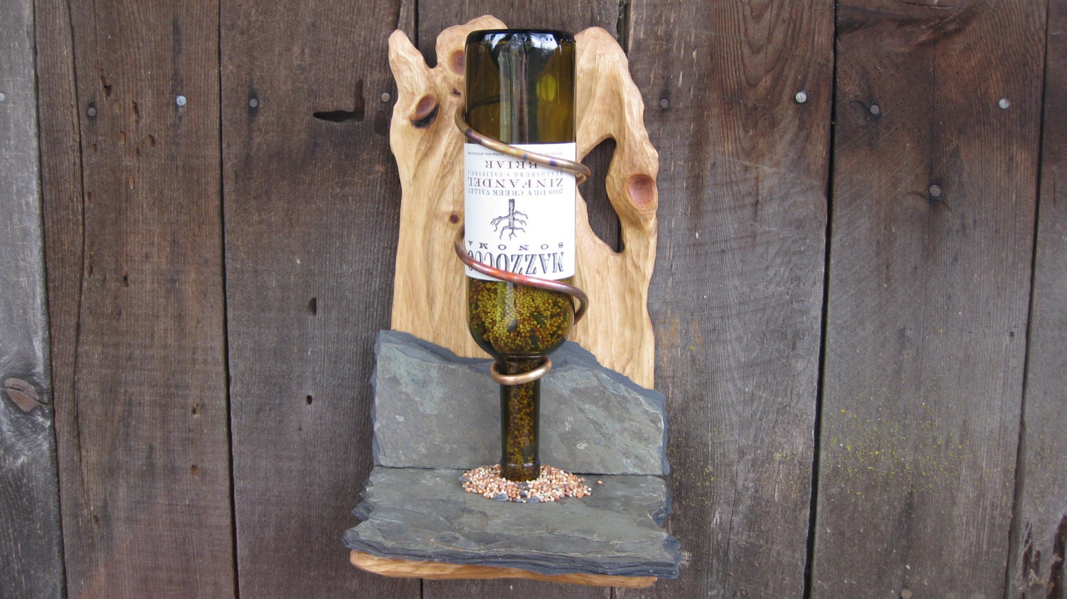 Bird Feeder Sculpted Pine and Rustic Slate With Wine Bottle