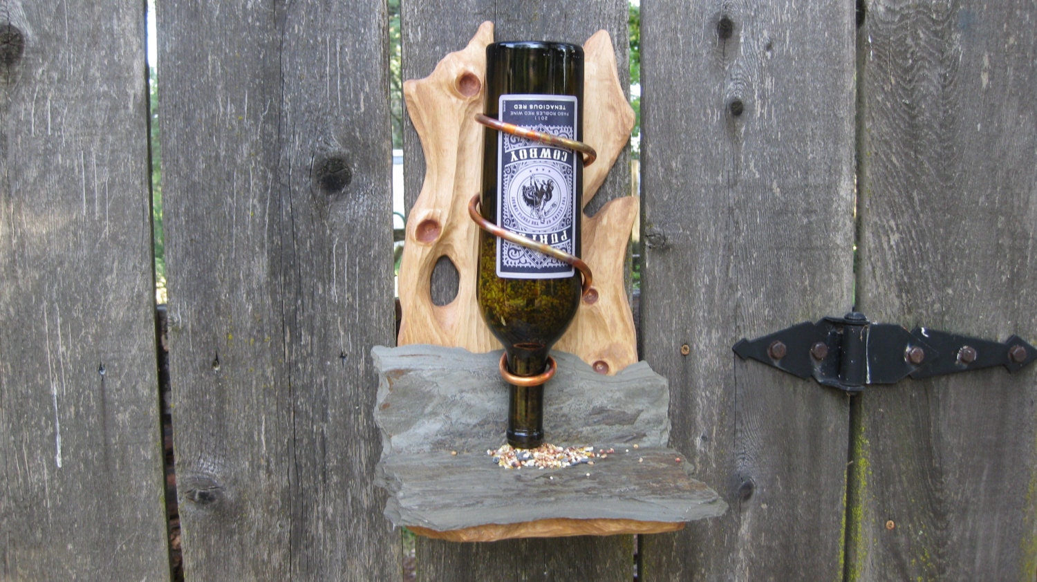 Bird Feeder Sculpted Pine and Rustic Slate With Wine Bottle