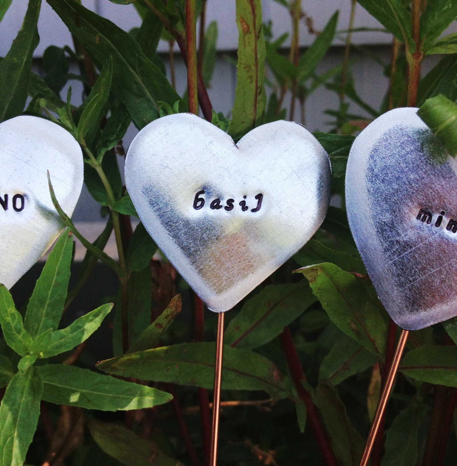 Plant Signs - 10 Heart Garden Markers - Herb Veggie Vegetable Marker - Up cycled Metal Garden Decor - Eco Friendly