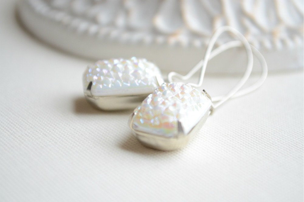 White Vintage Long Drop Earrings In Silver, Dangle Earrings, Winter Jewelry
