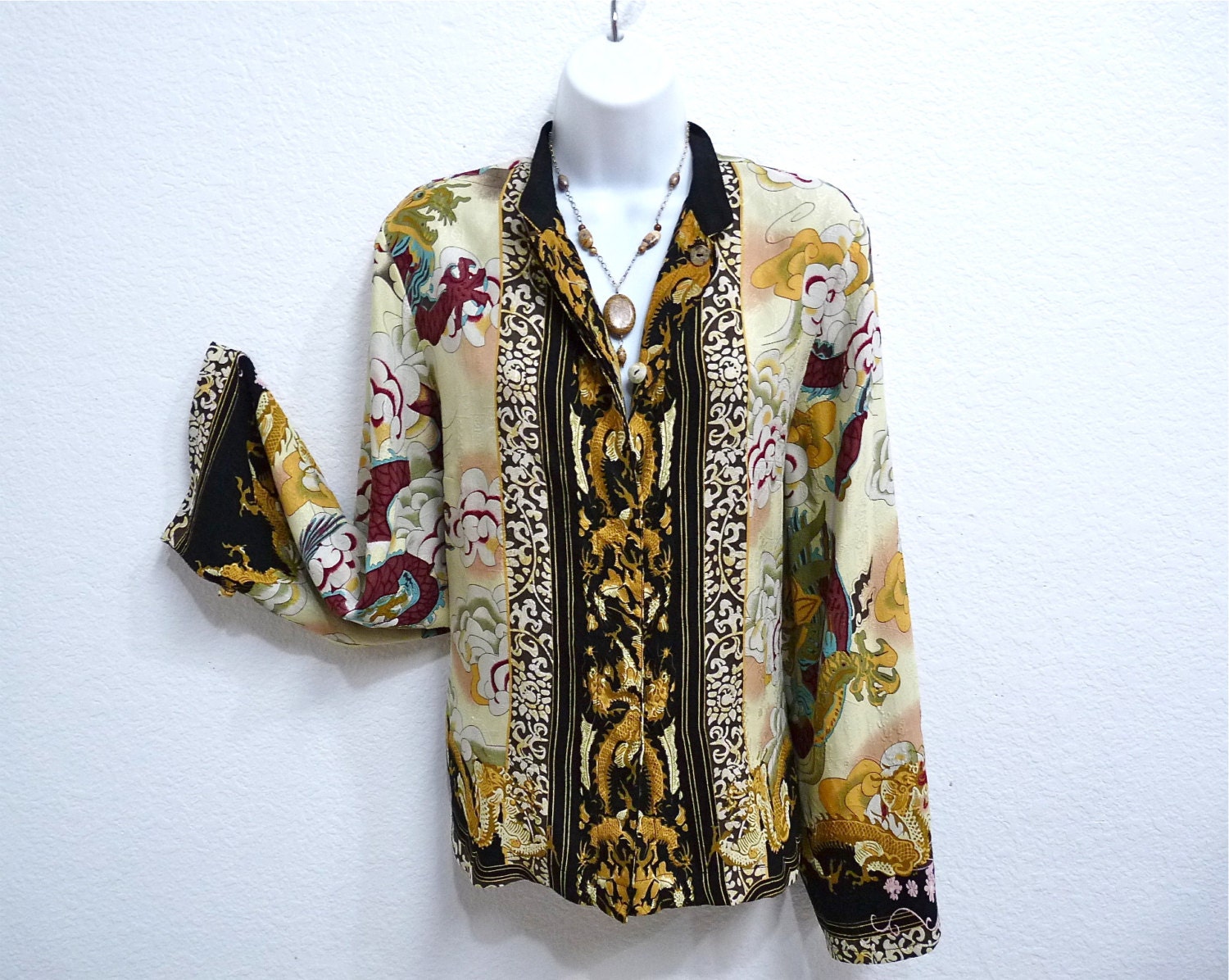 Vintage silk blouse reversible Versace Inspired printed blouse size M-L