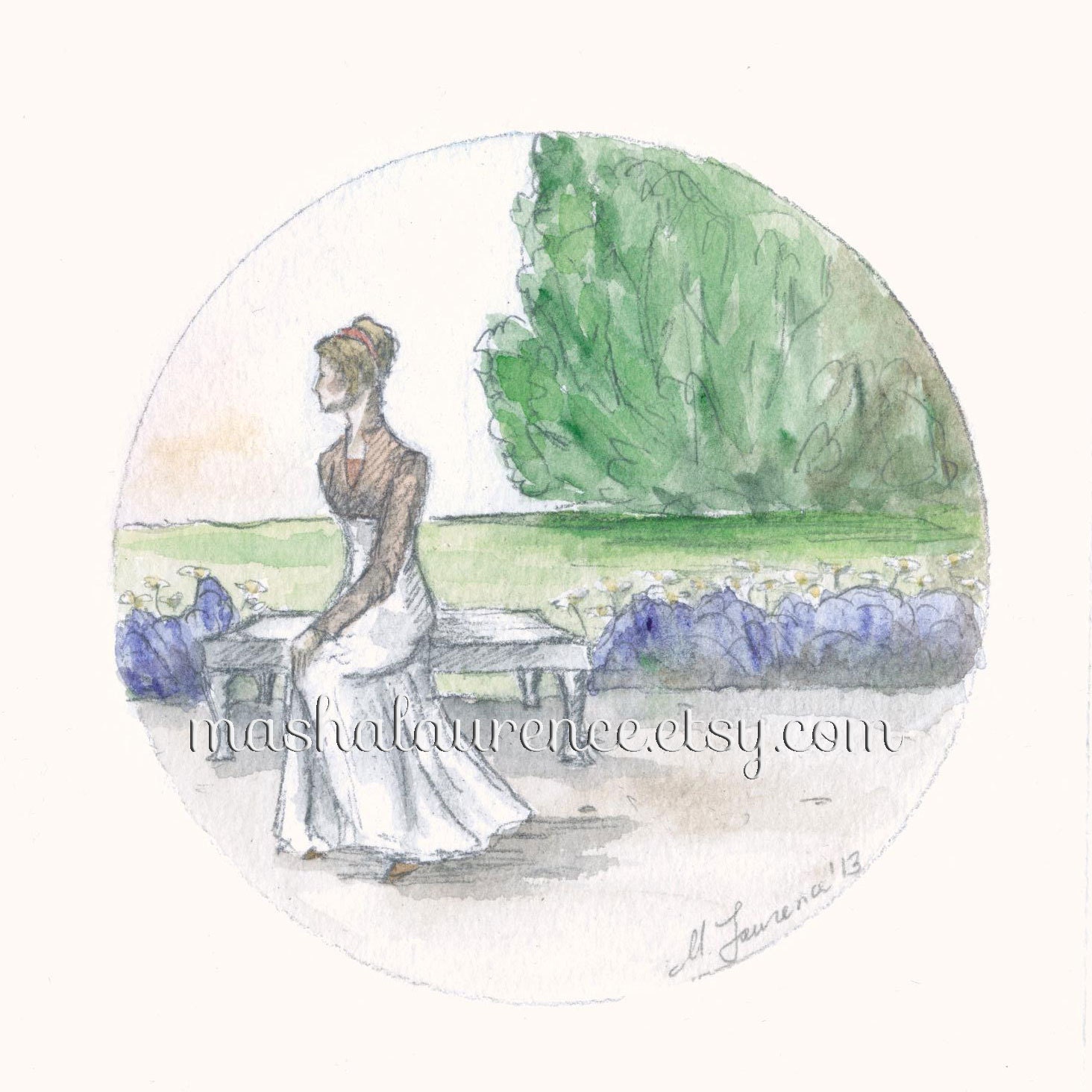 Emma in the garden. Art Print. 5x7. Jane Austen.