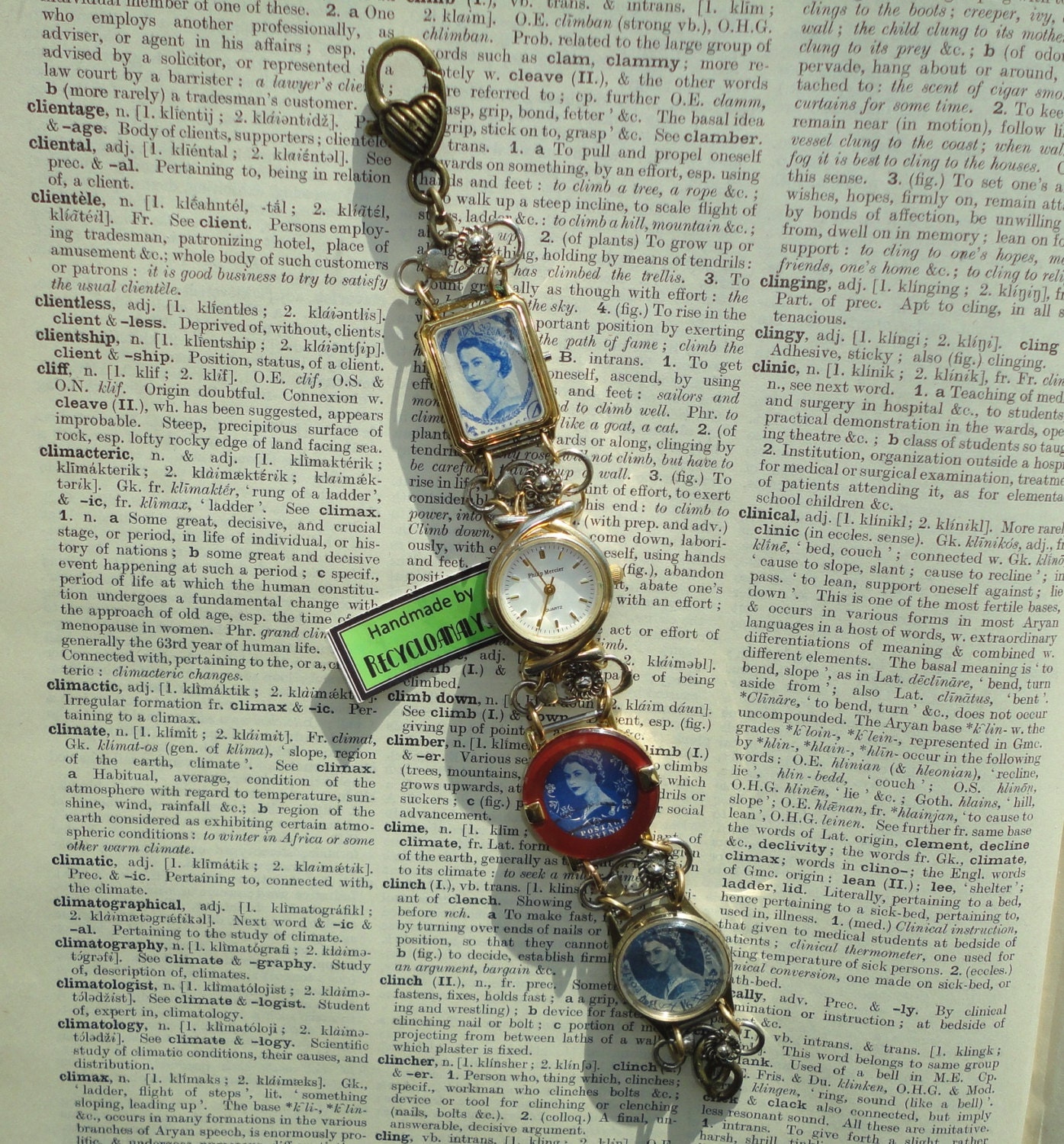 Handmade Recycled Watches Bracelet with Vintage Postage Stamps The Queen,Unusual Assemblage,Eco Friendly, Wearable Art