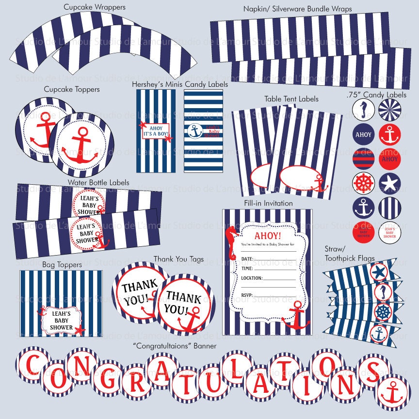 PRINTABLE DIY Nautical Theme Customized PDF Party Package Baby Shower/ Birthday/ Bridal Shower Il_570xn