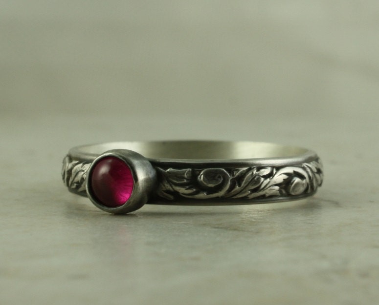 Silver Ruby Ring. Wild Leaves Band. Nature, Birthstone, Pink
