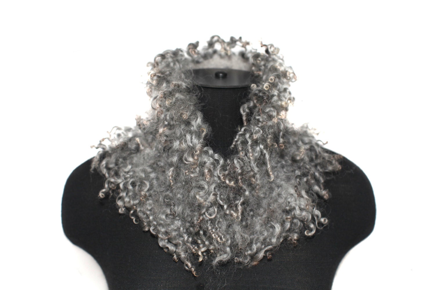 Silver Grey Felted Scarf Short Raw Wool Undyed Ahimsa Fur Neck Warmer Collar OOAK