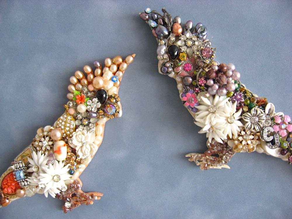 Vintage Jewelry Collage Sculpture Peaches & Cream Cockatiel Decorative Art