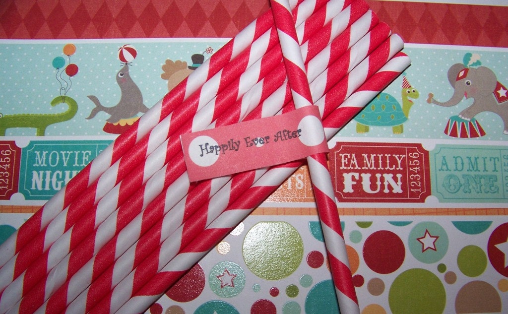 Paper Straws 40 Red/White Stripe Straws   "Free Custom Worded Straw Flags" Fast Shipping