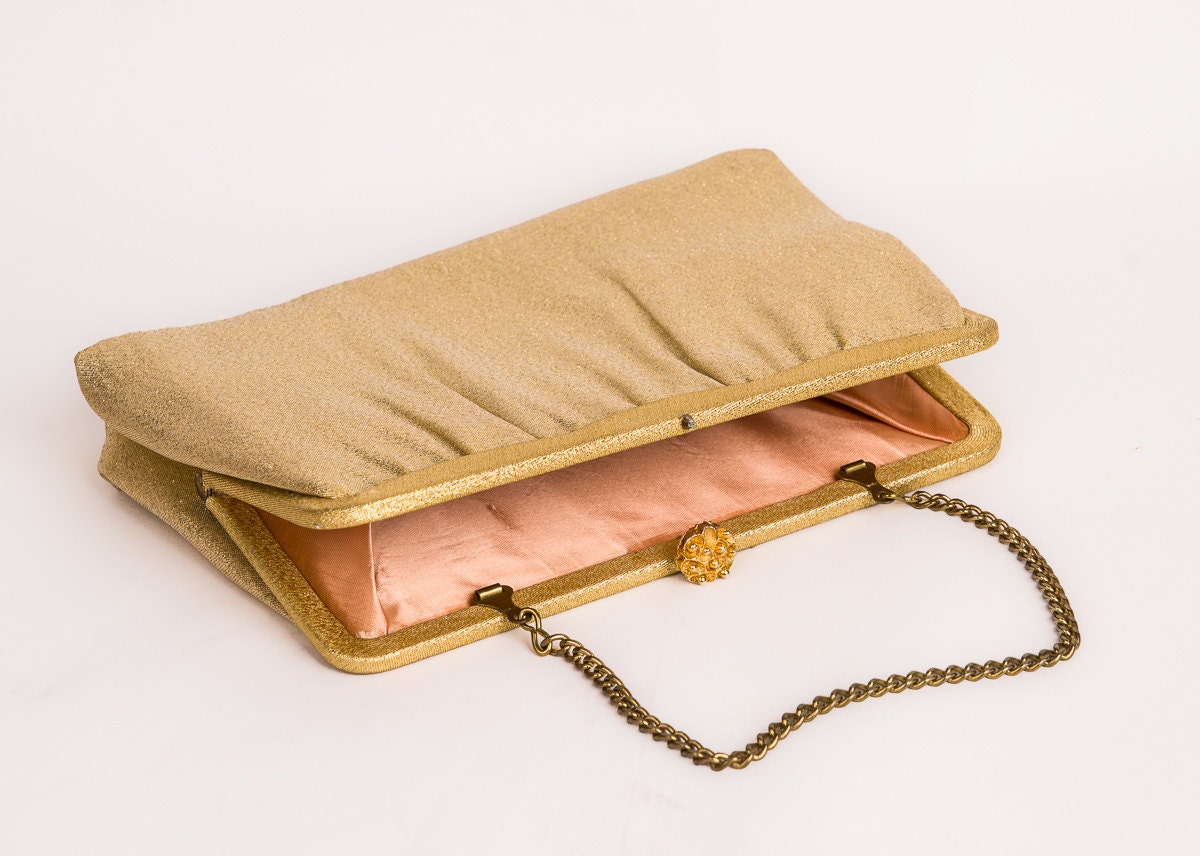 Metallic Gold Purse - Vintage 1960s Evening Purse with Blush Satin Lining