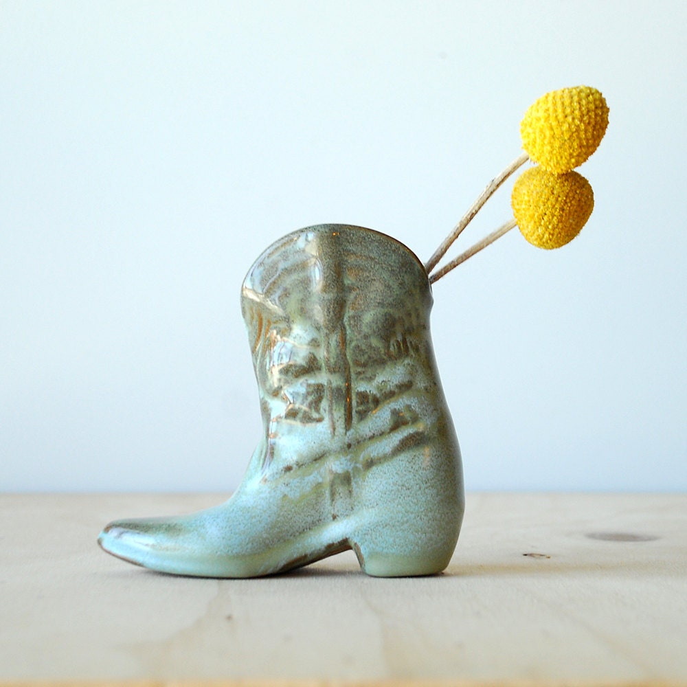 Vintage Frankoma Cowboy Boot Vase Prairie Green 1960s Modern Ceramic Pottery Planter