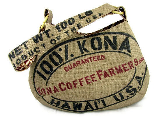 MTO. Boutique Burlap Hobo Handbag. Repurposed Kona USA Coffee Bag. Handmade in Hawaii.