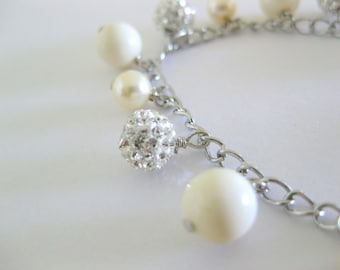 White Swarovski bead charm bracelet for everyday or special occasions