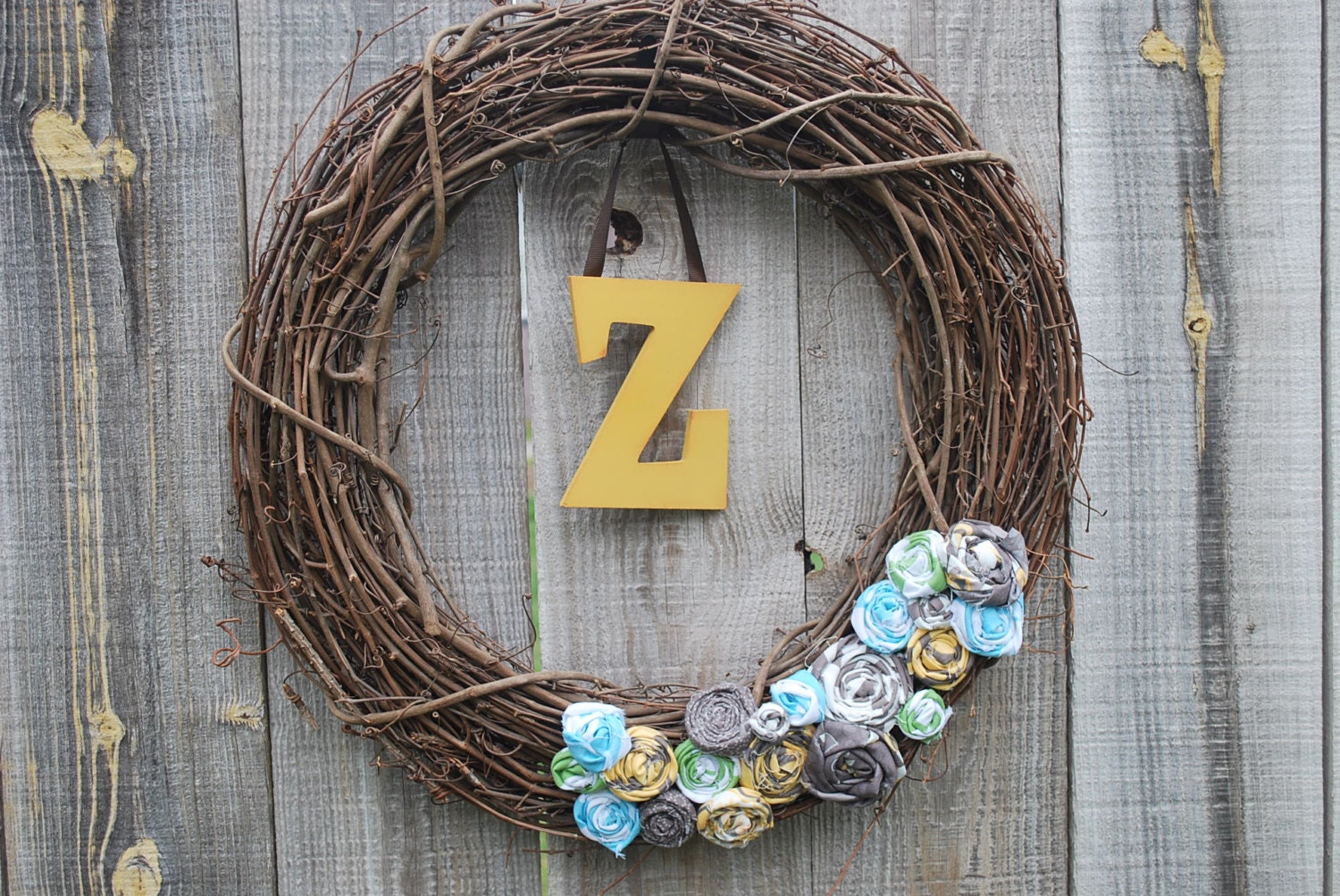 Personalized Shabby Chic Rosette Vine Wreath-Turquoise, yellow and Gray