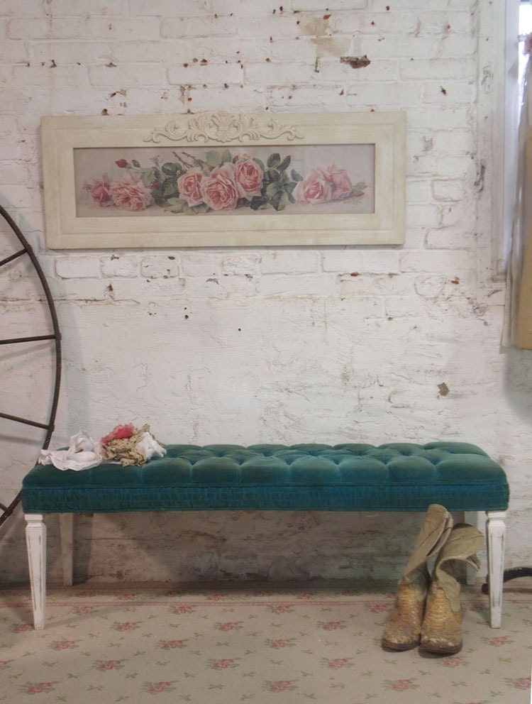 Painted Cottage Chic Shabby Vintage Tufted Bench