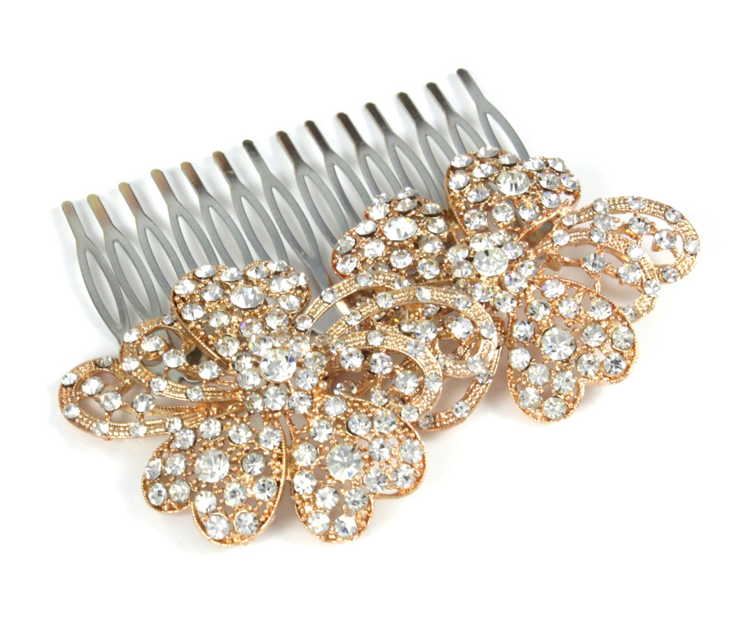 Bedelia - Wedding Hair Comb, Accessories, Rose Gold Hair Comb, Pink Gold, Champagne, Rhinestones, Crystal, Swarovski, Czech crystal