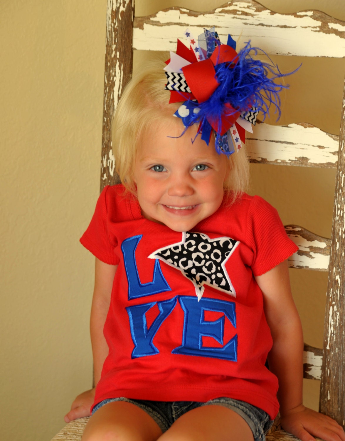 4th of July LOVE with animal print star Applique Fitted Shirt or Onesie and Matching XL Hair Bow for Girls