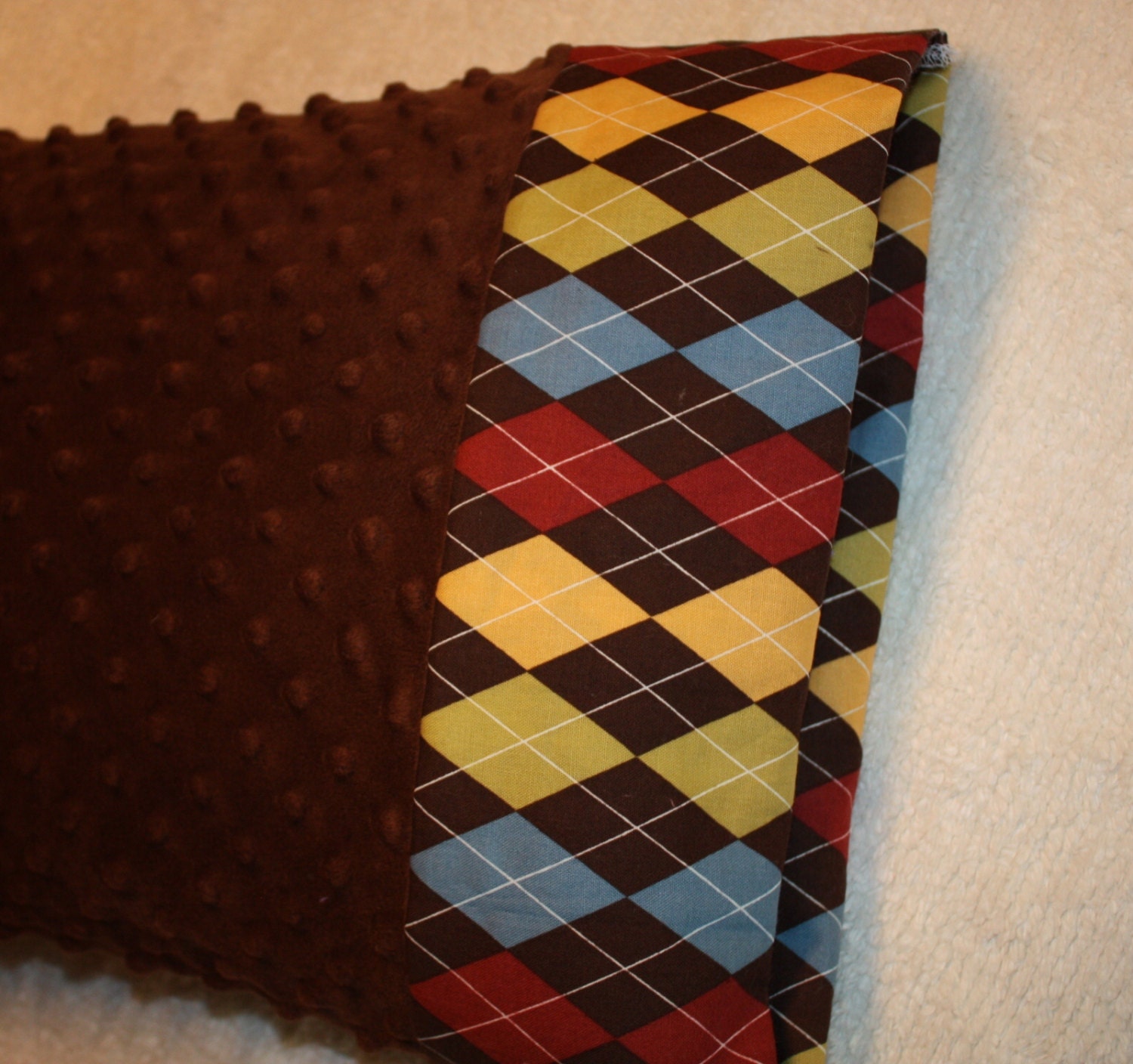 Argyle and Brown Minky Dot Pillowcase for 12x16 Small Pillow- Minky Toddler Pillowcase- Small Boy Pillowcase