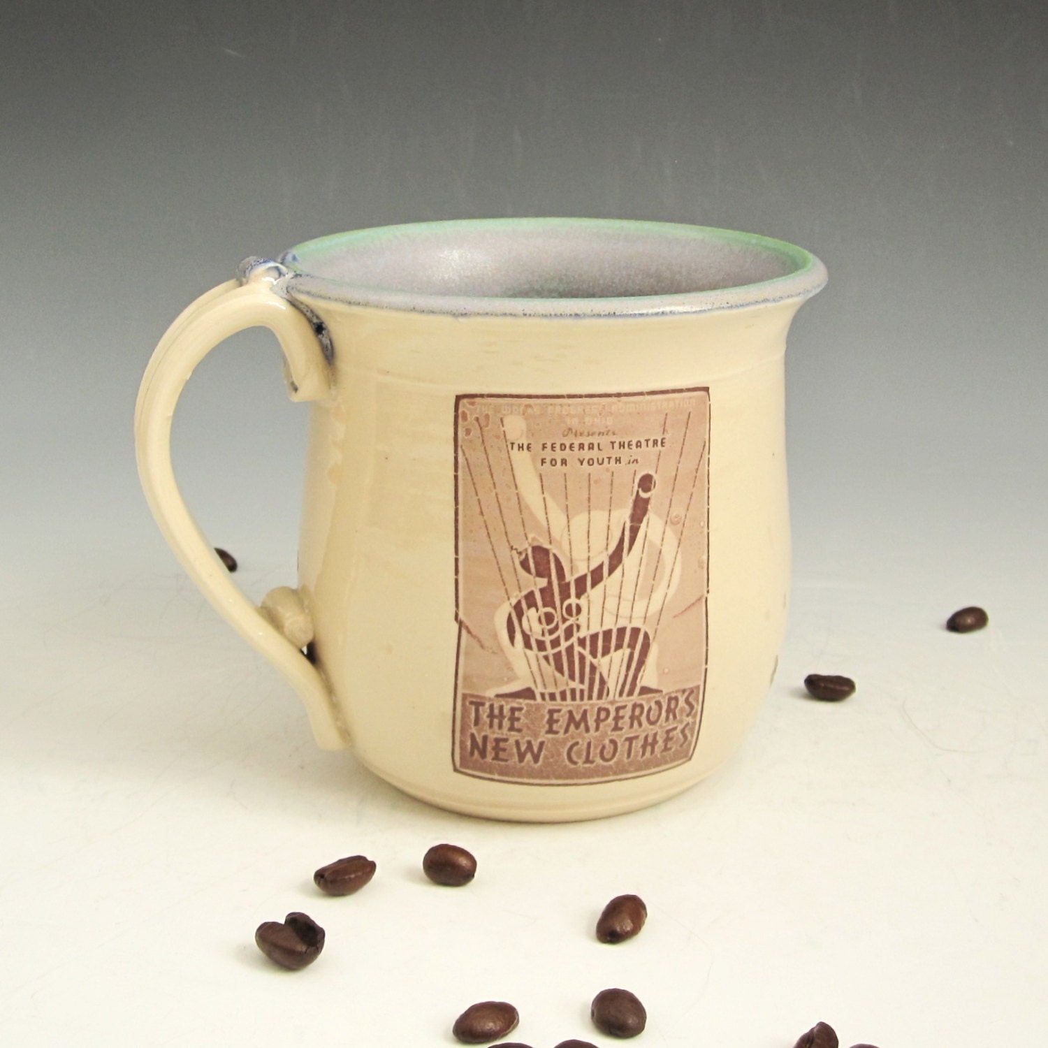 Ceramic Coffee Mug in Cream and Blue with WPA Posters
