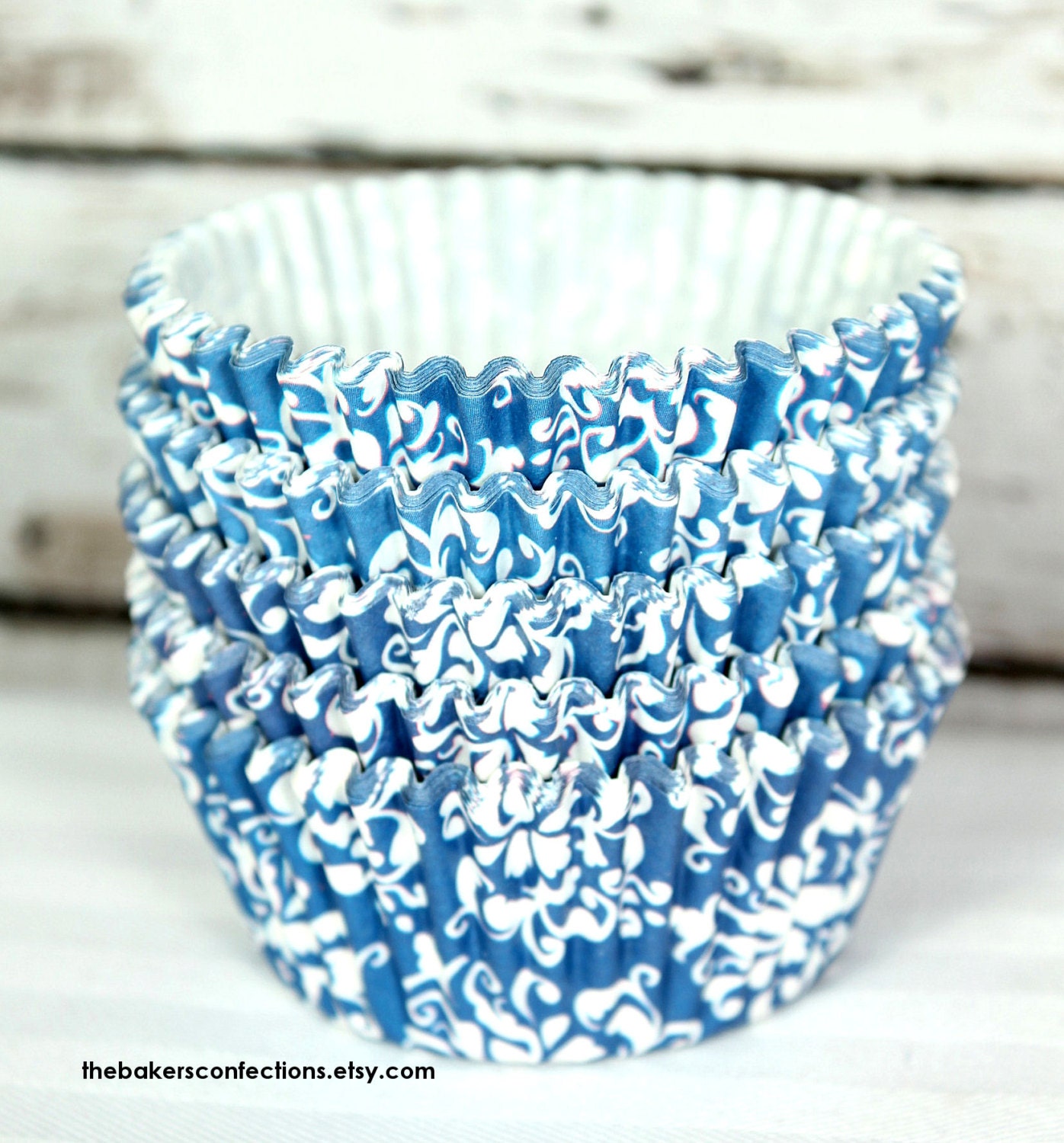 Elegant Blue Damask Cupcake Liners, Designer Grease Resistant Liners (50)