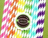 GIRLS Rainbow Stripe Paper Straws - with Printable DIY Flags & Pixie Stix Recipe (30 count) Use for Cake Pops and Drink Markers