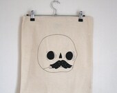 CLEARANCE SALE cream calico cotton tote bag shoulder straps black skull moustache screen print