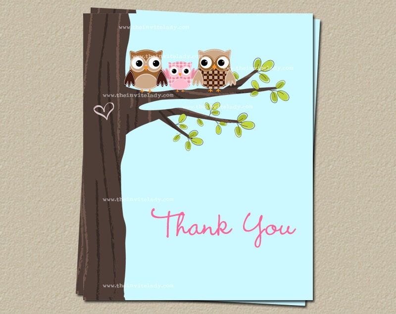 Owl Baby Shower Thank You Cards, Family in Tree Notes, Green, Blue, or Pink, Set of 50 with envelopes, FREE shipping