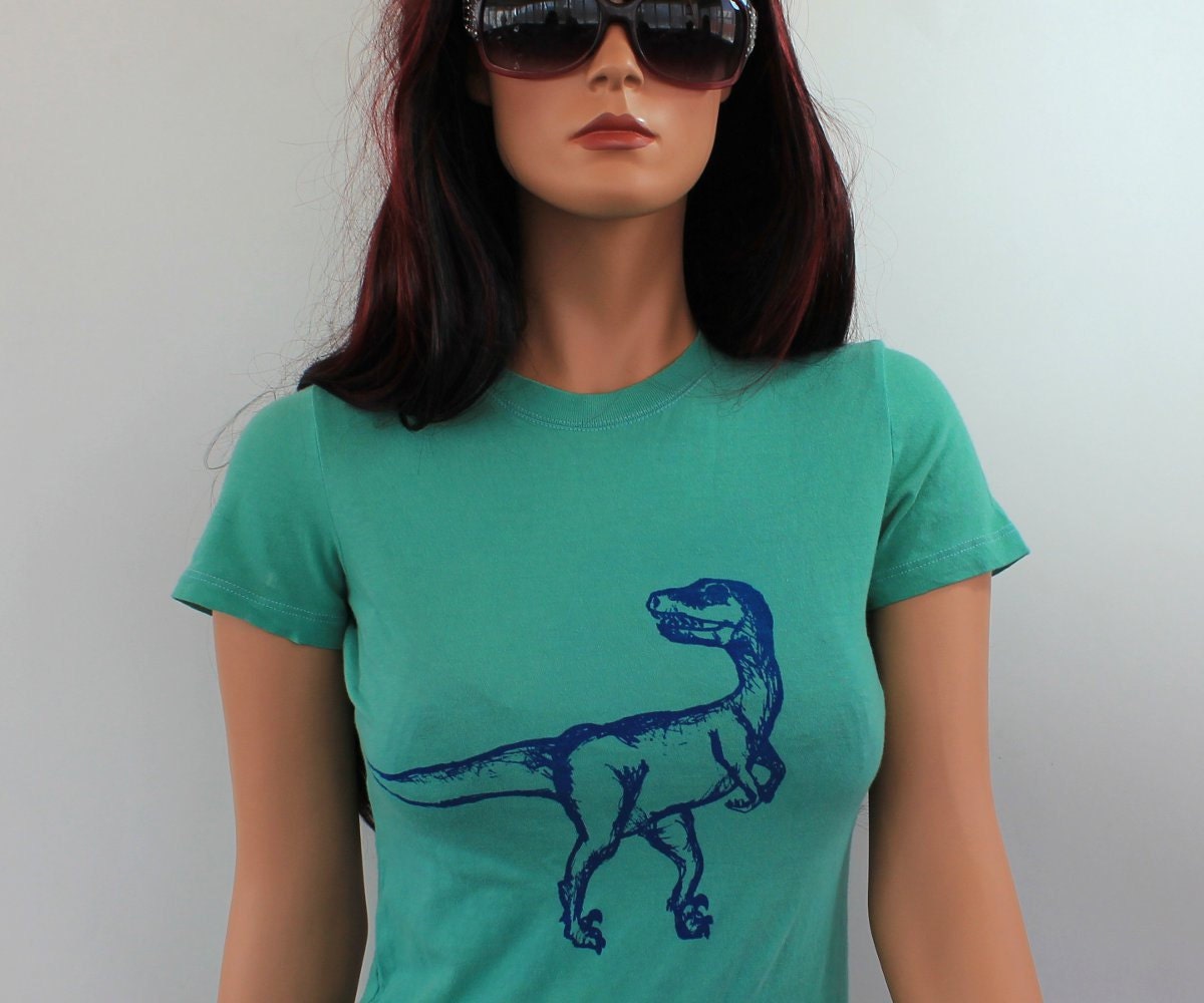 Women's Dinosaur Tshirt, Cotton Velociraptor shirt, Junior, Green, prehistoric, blue, awesome