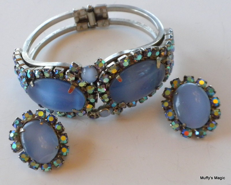 Juliana Blue Moonstone Clamper Bracelet and Earrings Aurora Borealis Rhinestone