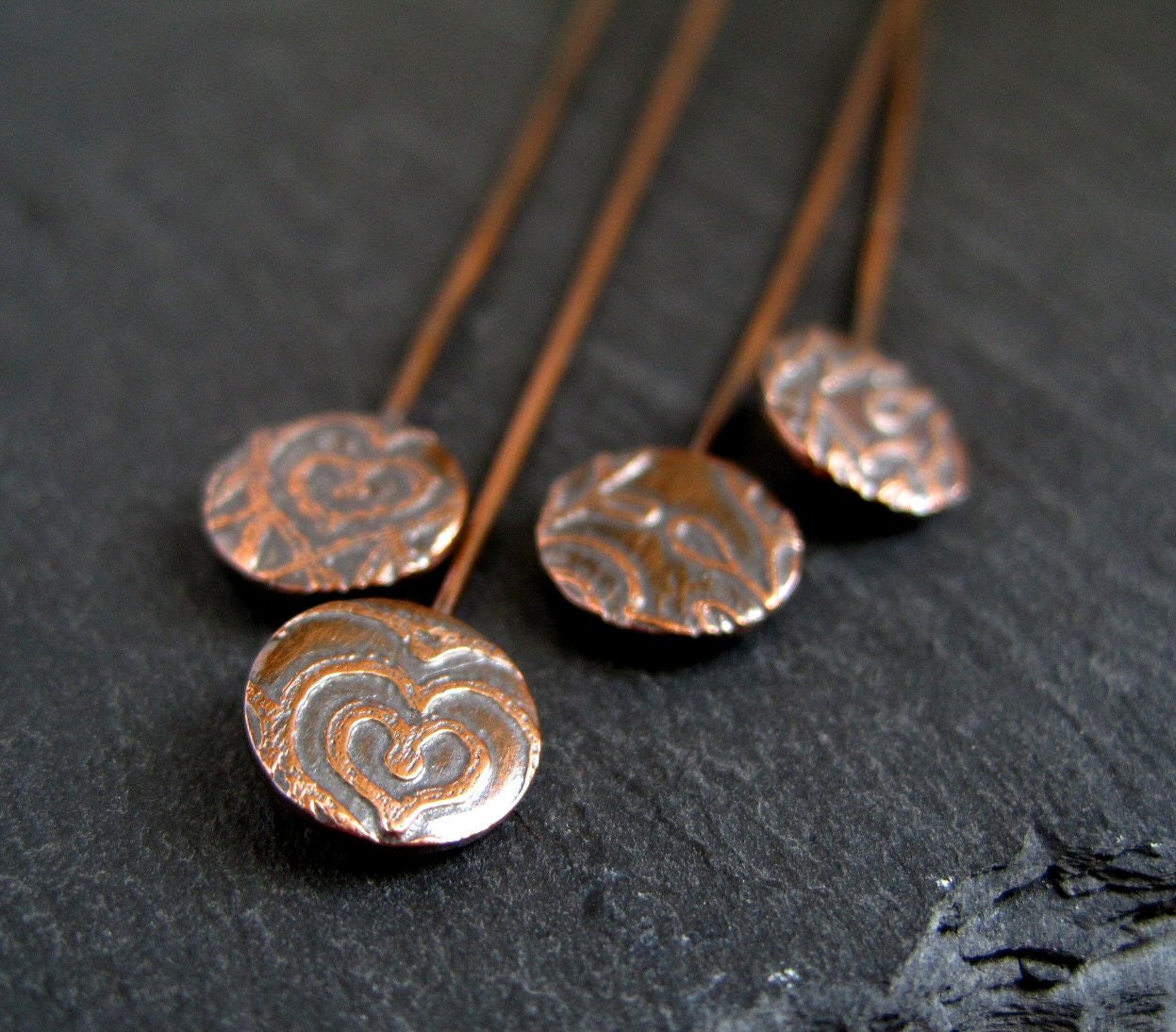 Etched Copper Headpins, fancy headpins, handmade copper findings, small hearts - CinnamonJewellery