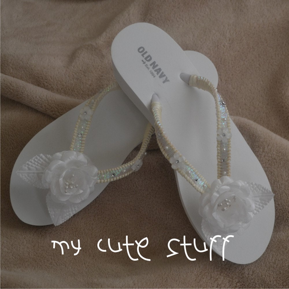 Bride-to-Be Bridesmaid Bridal Party Bachelorette Party Wedding Wedge White Flip Flops - Choose your color and size