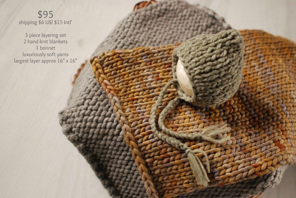 Newborn Photo Prop Baby Blankets Layering Set Bonnet Newborn Blanket - Grey Green Ready to Ship