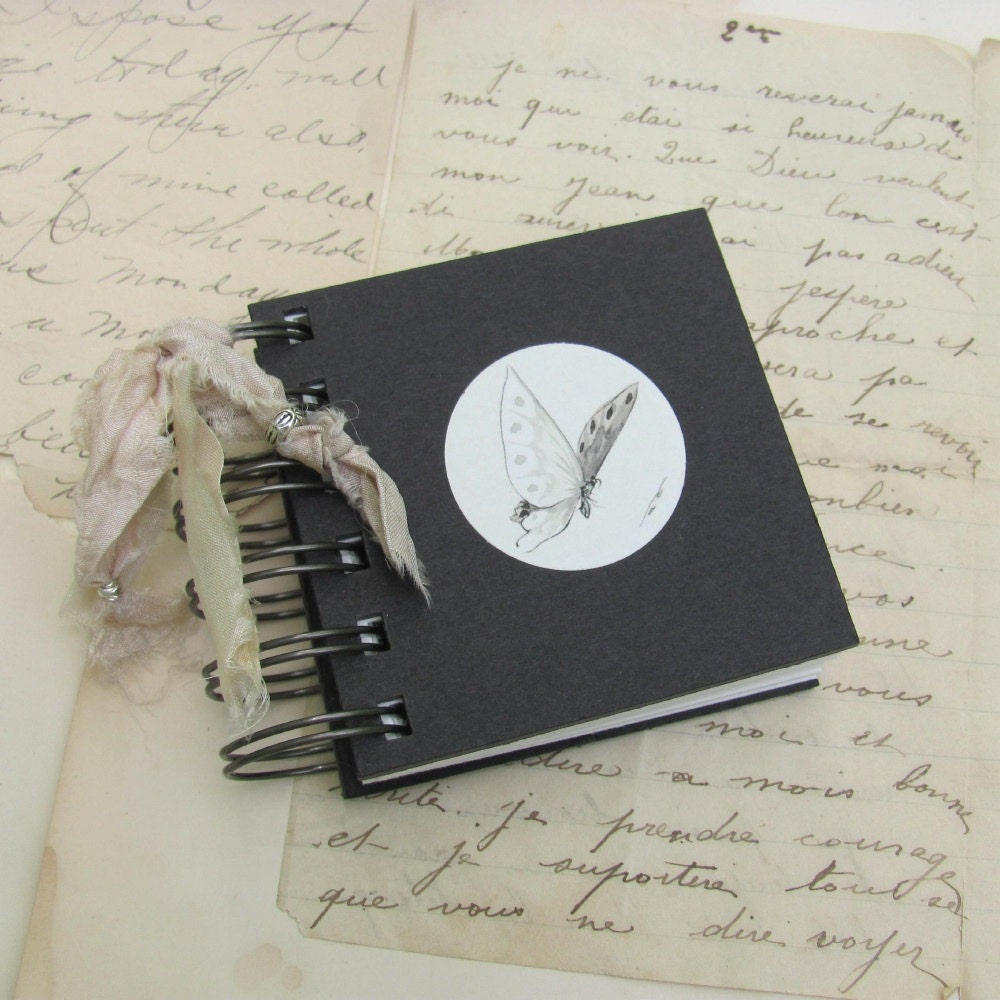 Mini Butterfly Journal - Tattered Ivory Silk - Spiral Bound Book