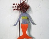 Metal art garden stake sculpture mermaid upcycled metal yard flower pot art red head