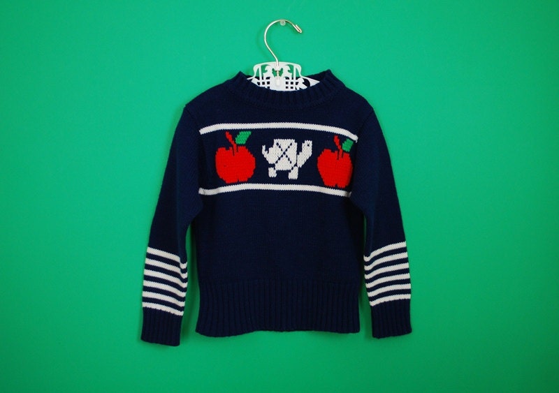 Vintage 1970s Sweater with Turtle and Apple Print- Size 3T