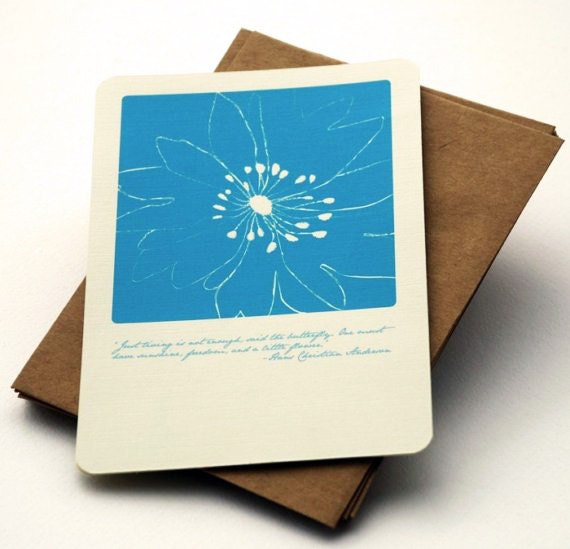 Just a Little Flower Notecard Set in Blue and Cream -Set of 6 flat Notecards and Kraft Envelopes