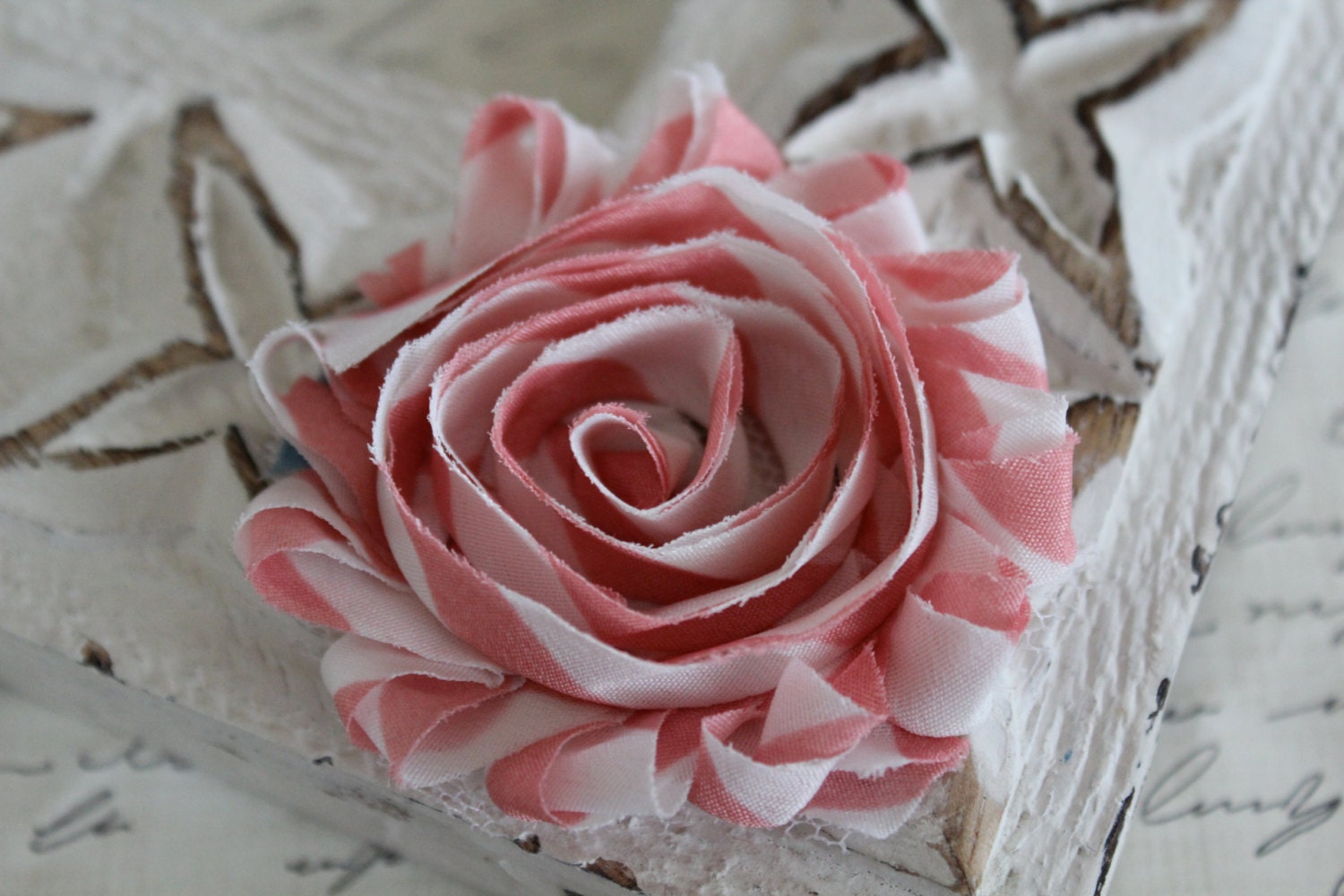 Pink and White Striped  Shabby Chic Flower Clip. Flower Hair Clip