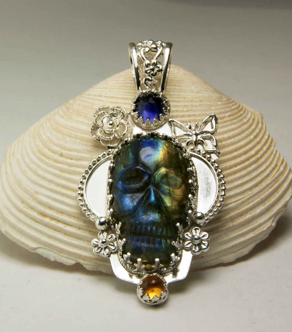 Sterling Silver Blue Labradorite Skull Pendant, Hand Carved Stone, Gold Flash, Faceted Iolite, Handmade