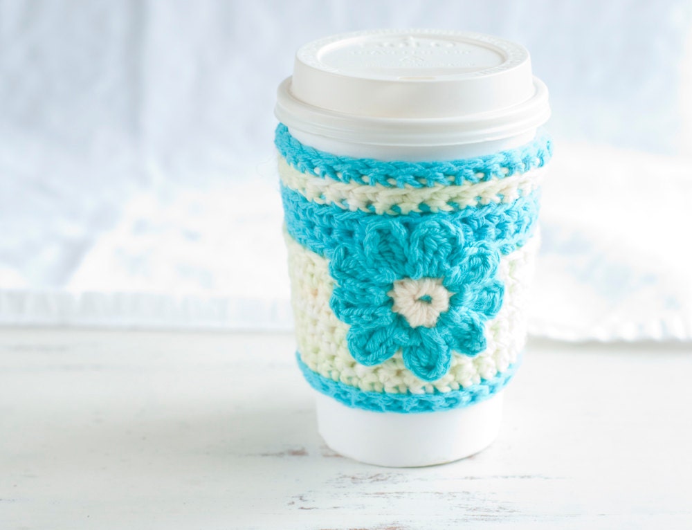 Crochet cup cozy summer coffee cozy, aqua daisy and stripes