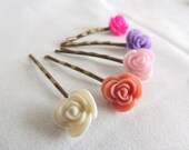 Petite Rose Flower Bobby pins set of 5 Antiqued Brass, Rose Hair clip, Vintage Retro Hair pins, Bridesmaids Flower girls gift for her