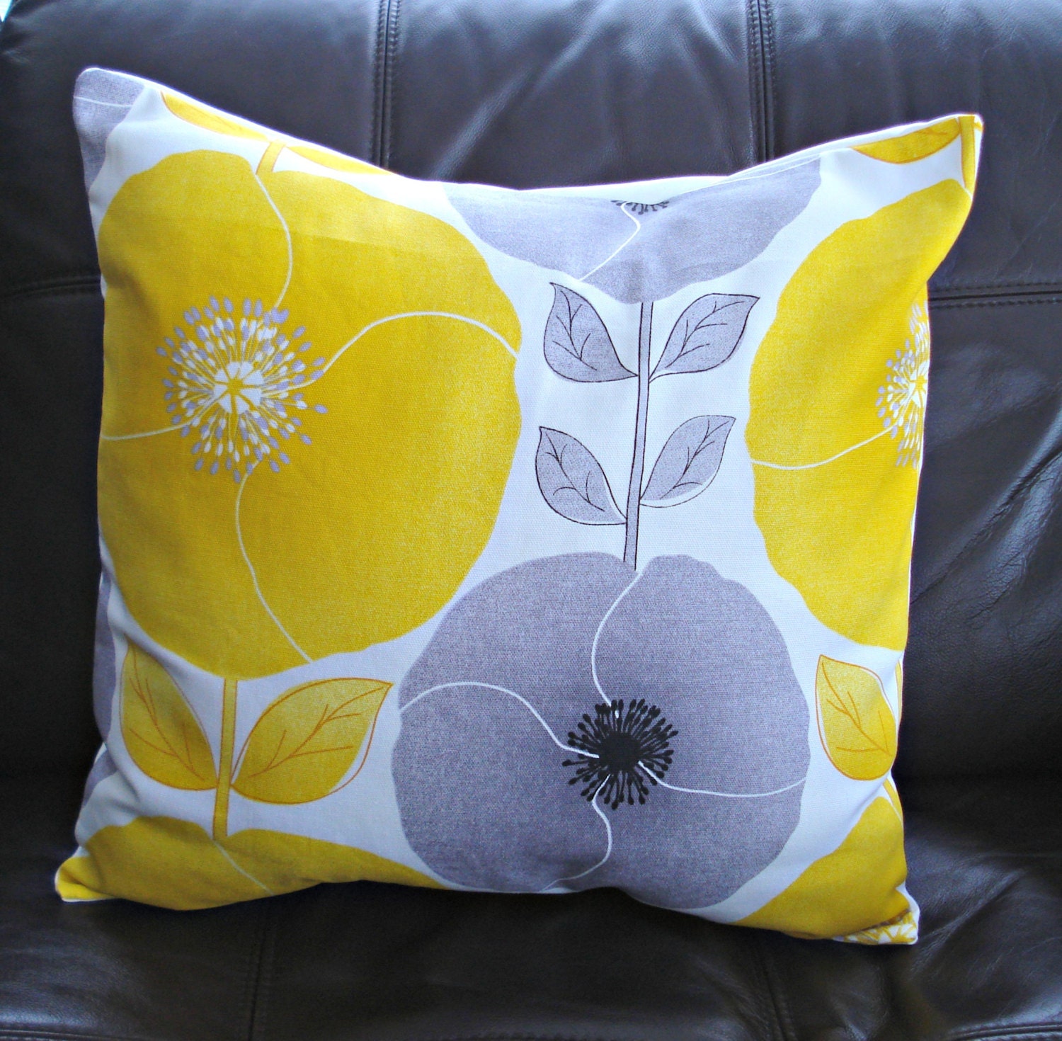 Cushion  poppy poppies citrus lemon yellow gray grey silver design shams UK designer fabric One 18 inch spring decor Decorative pillows