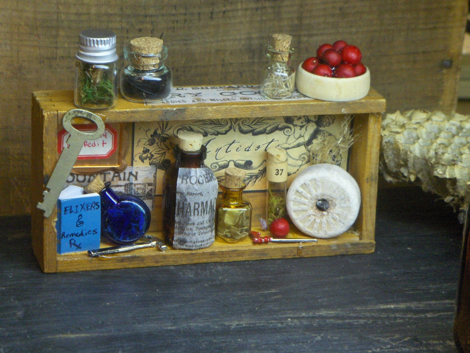 The Olde Apothecary. Curious Assemblage Mini Vintage wood box diorama curio, antique glass bottles vials, moss, feather, berries, elixers