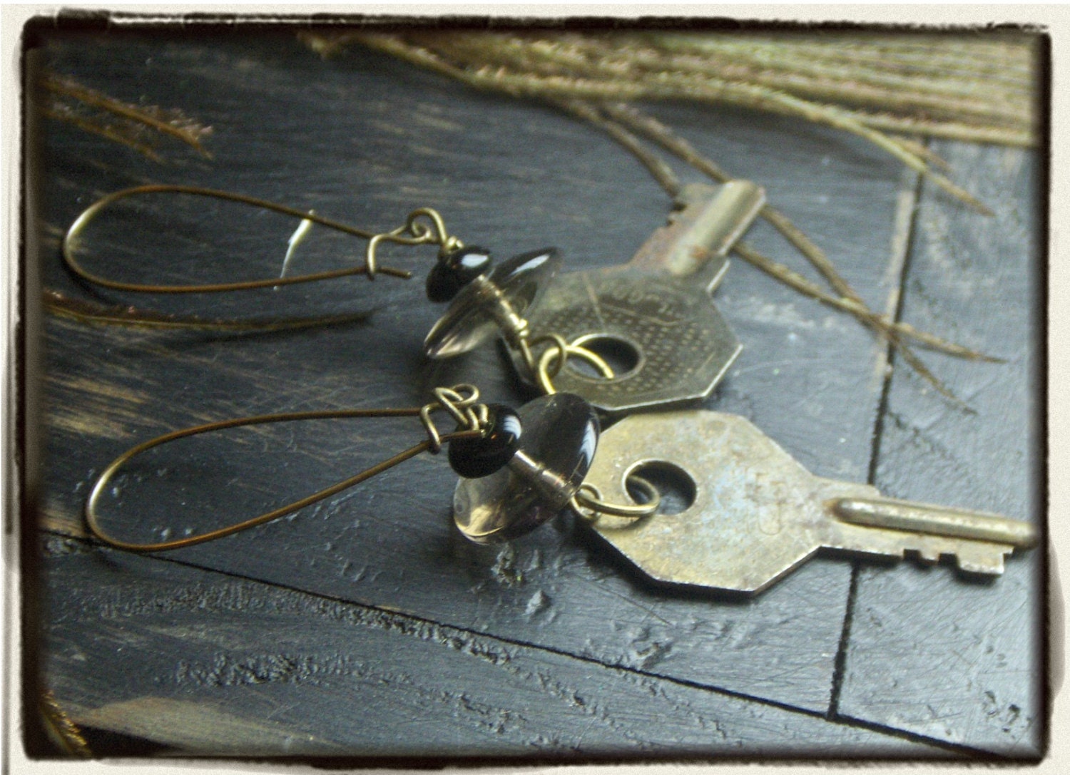 Keys To The Study Of Dr. Parnassus, Vintage keys, smoky crystals and black onyx OOAK earrings