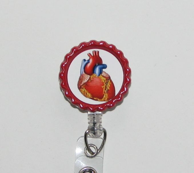 Bottle Cap Retractable ID Badge Holder - Human Heart, Cardiac